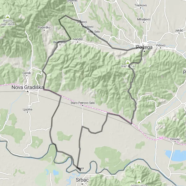 Map miniature of "Scenic Adventure in Panonska Hrvatska" cycling inspiration in Panonska Hrvatska, Croatia. Generated by Tarmacs.app cycling route planner