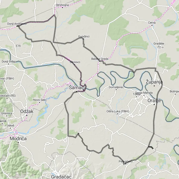 Map miniature of "The Riverside Route" cycling inspiration in Panonska Hrvatska, Croatia. Generated by Tarmacs.app cycling route planner