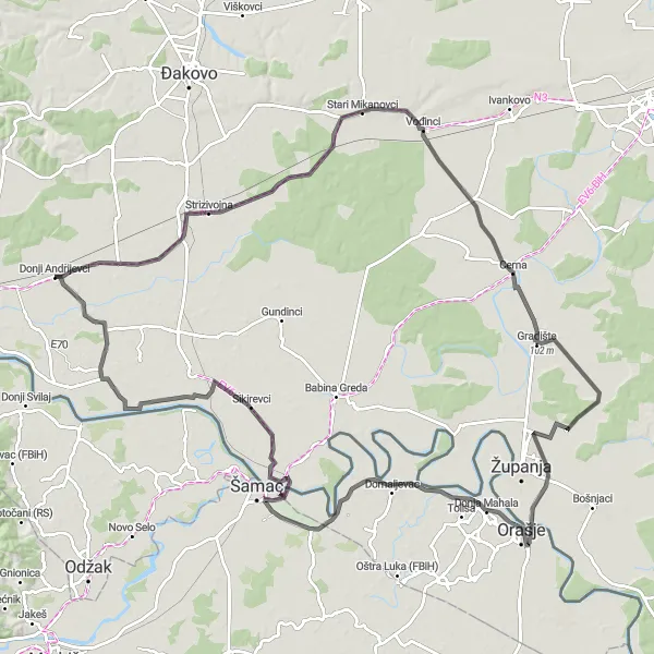 Map miniature of "The Countryside Escape" cycling inspiration in Panonska Hrvatska, Croatia. Generated by Tarmacs.app cycling route planner