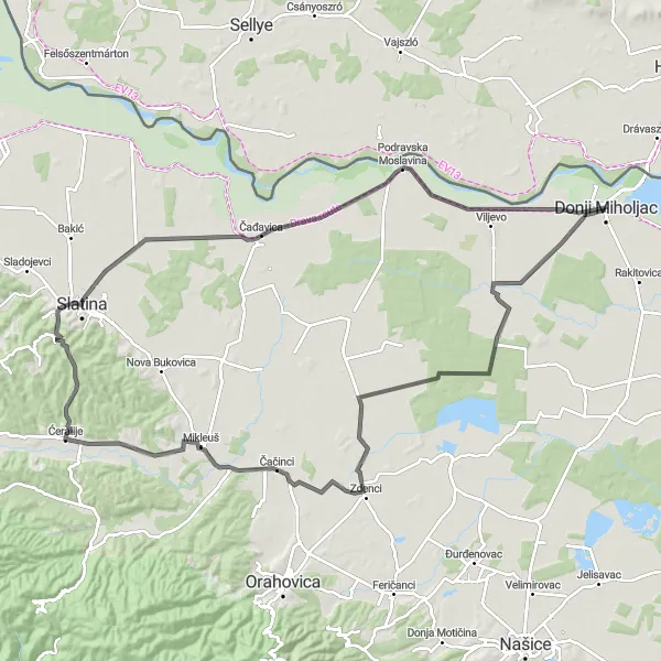 Map miniature of "Cultural and Natural Cycling Exploration" cycling inspiration in Panonska Hrvatska, Croatia. Generated by Tarmacs.app cycling route planner