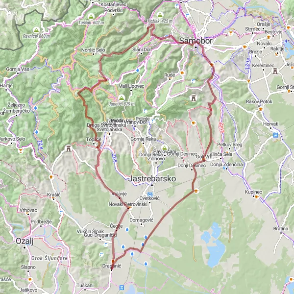 Map miniature of "Exploring Samobor County" cycling inspiration in Panonska Hrvatska, Croatia. Generated by Tarmacs.app cycling route planner