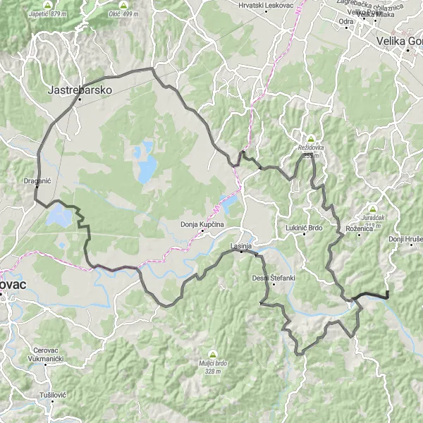 Map miniature of "Jastrebarsko Adventure" cycling inspiration in Panonska Hrvatska, Croatia. Generated by Tarmacs.app cycling route planner