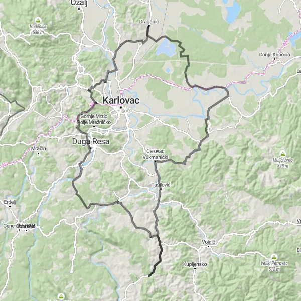 Map miniature of "Duga Resa Delight" cycling inspiration in Panonska Hrvatska, Croatia. Generated by Tarmacs.app cycling route planner