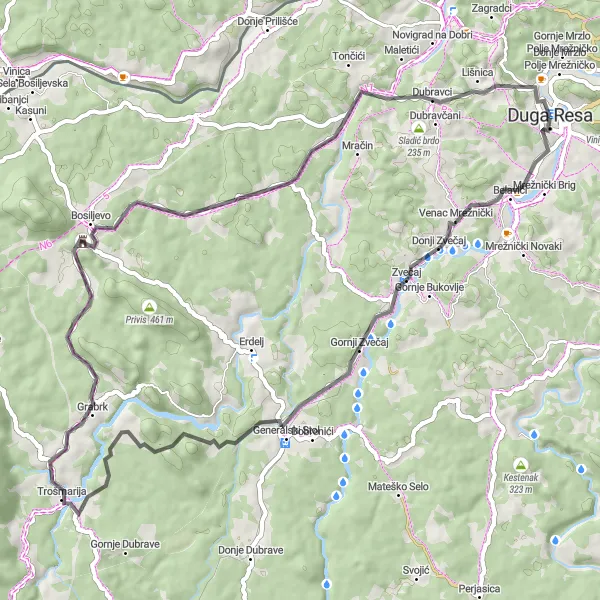 Map miniature of "Adventurous Loop - Donji Zvečaj and Marino Brdo" cycling inspiration in Panonska Hrvatska, Croatia. Generated by Tarmacs.app cycling route planner