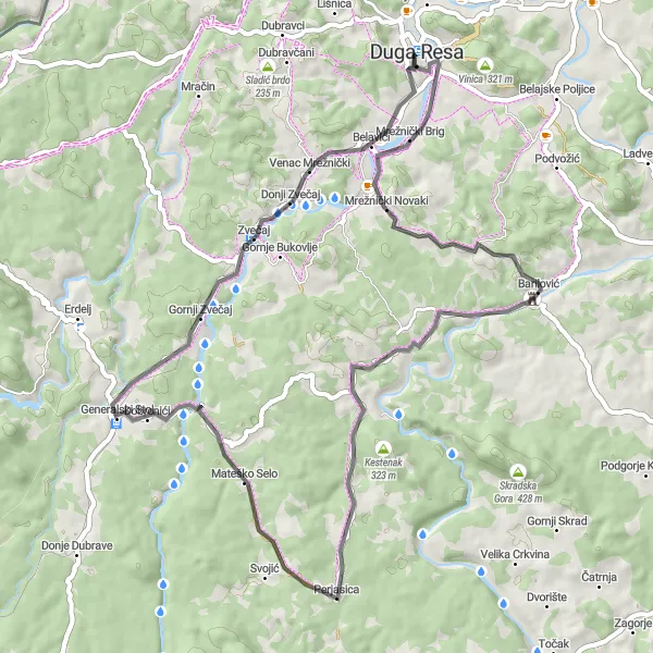 Map miniature of "Duga Resa's Scenic Loop" cycling inspiration in Panonska Hrvatska, Croatia. Generated by Tarmacs.app cycling route planner