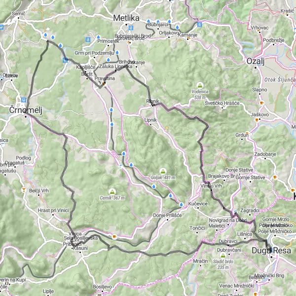 Map miniature of "Duga Resa Adventure Loop" cycling inspiration in Panonska Hrvatska, Croatia. Generated by Tarmacs.app cycling route planner