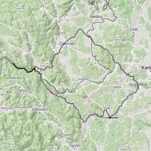 Map miniature of "Duga Resa - Panonska Hrvatska Road Cycling Route" cycling inspiration in Panonska Hrvatska, Croatia. Generated by Tarmacs.app cycling route planner