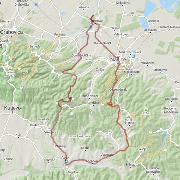 Map miniature of "Off the Beaten Path: Gravel Adventure near Ðurđenovac" cycling inspiration in Panonska Hrvatska, Croatia. Generated by Tarmacs.app cycling route planner