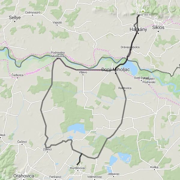 Map miniature of "Đurđenovac Loop" cycling inspiration in Panonska Hrvatska, Croatia. Generated by Tarmacs.app cycling route planner