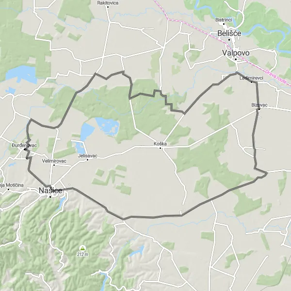 Map miniature of "Scenic Road to Đurđenovac" cycling inspiration in Panonska Hrvatska, Croatia. Generated by Tarmacs.app cycling route planner