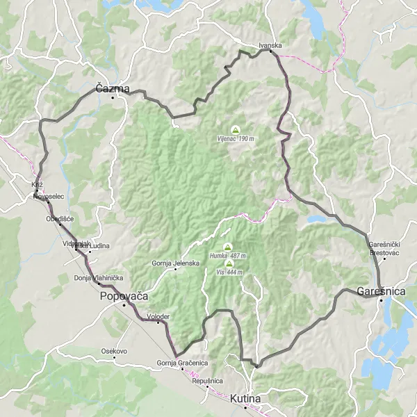 Map miniature of "Popovača Loop" cycling inspiration in Panonska Hrvatska, Croatia. Generated by Tarmacs.app cycling route planner