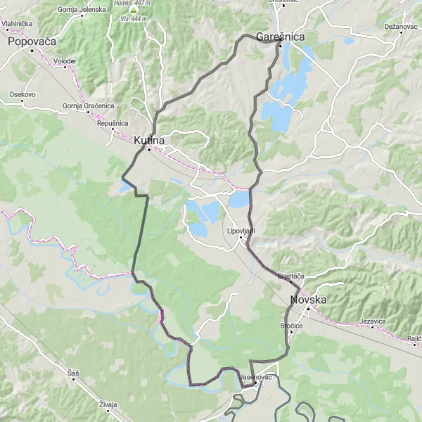 Map miniature of "Jasenovac Cycling Adventure" cycling inspiration in Panonska Hrvatska, Croatia. Generated by Tarmacs.app cycling route planner