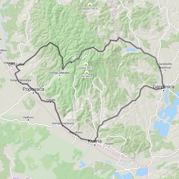 Map miniature of "Repušnica Hill Ride" cycling inspiration in Panonska Hrvatska, Croatia. Generated by Tarmacs.app cycling route planner