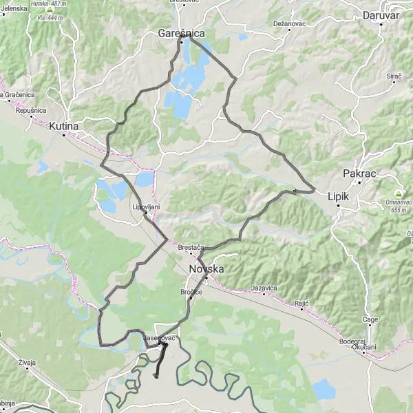 Map miniature of "Garešnica - Bročice - Jasenovac - Drenov Bok - Veliko Vukovje" cycling inspiration in Panonska Hrvatska, Croatia. Generated by Tarmacs.app cycling route planner
