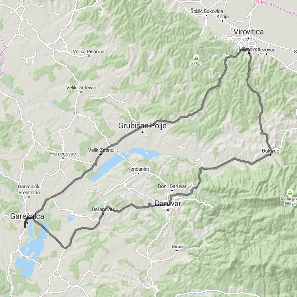 Map miniature of "Garešnica - Lončarica - Vidikovac - Gladimirovac - Daruvar" cycling inspiration in Panonska Hrvatska, Croatia. Generated by Tarmacs.app cycling route planner