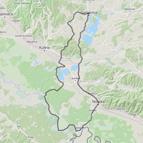 Map miniature of "Jasenovac Forest Loop" cycling inspiration in Panonska Hrvatska, Croatia. Generated by Tarmacs.app cycling route planner