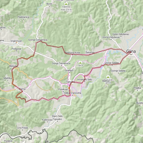 Map miniature of "Glina Gravel Route 2" cycling inspiration in Panonska Hrvatska, Croatia. Generated by Tarmacs.app cycling route planner