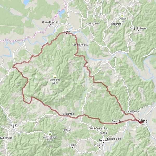 Map miniature of "Glina Gravel Route 1" cycling inspiration in Panonska Hrvatska, Croatia. Generated by Tarmacs.app cycling route planner