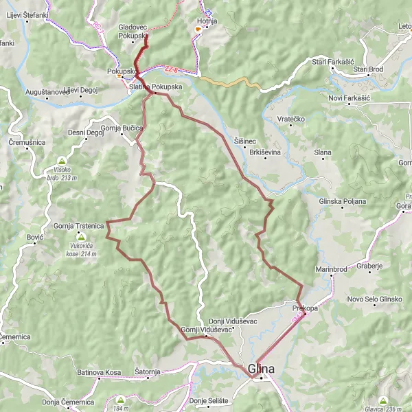 Map miniature of "Discover Gravel Gems Around Glina" cycling inspiration in Panonska Hrvatska, Croatia. Generated by Tarmacs.app cycling route planner