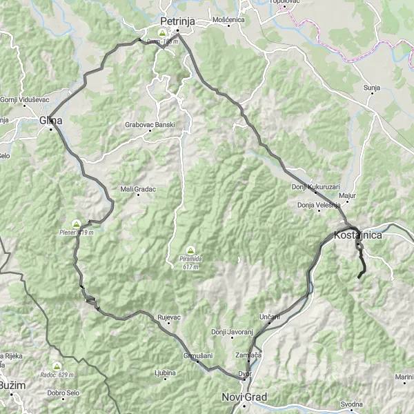 Map miniature of "Glina Road Route 1" cycling inspiration in Panonska Hrvatska, Croatia. Generated by Tarmacs.app cycling route planner