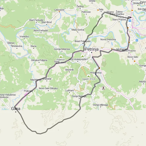 Map miniature of "Glina Grand Tour" cycling inspiration in Panonska Hrvatska, Croatia. Generated by Tarmacs.app cycling route planner