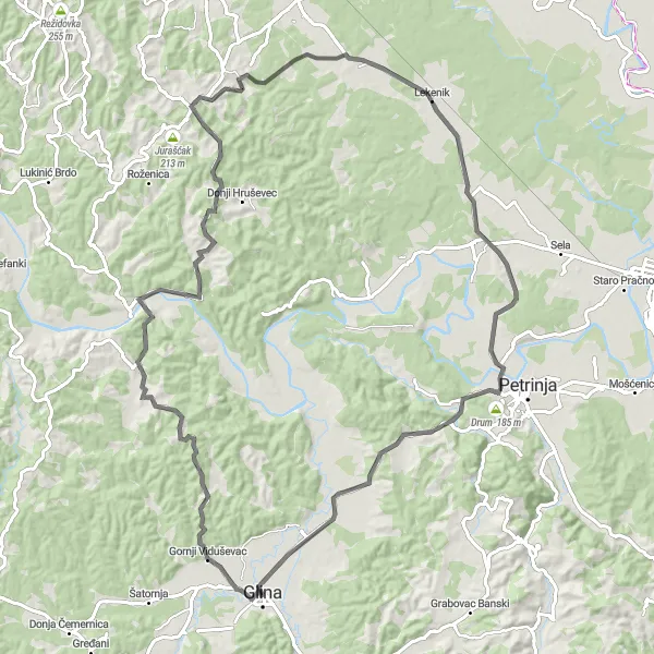 Map miniature of "Glina Road Route 2" cycling inspiration in Panonska Hrvatska, Croatia. Generated by Tarmacs.app cycling route planner