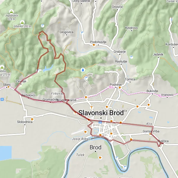 Map miniature of "Scenic Gravel Ride" cycling inspiration in Panonska Hrvatska, Croatia. Generated by Tarmacs.app cycling route planner