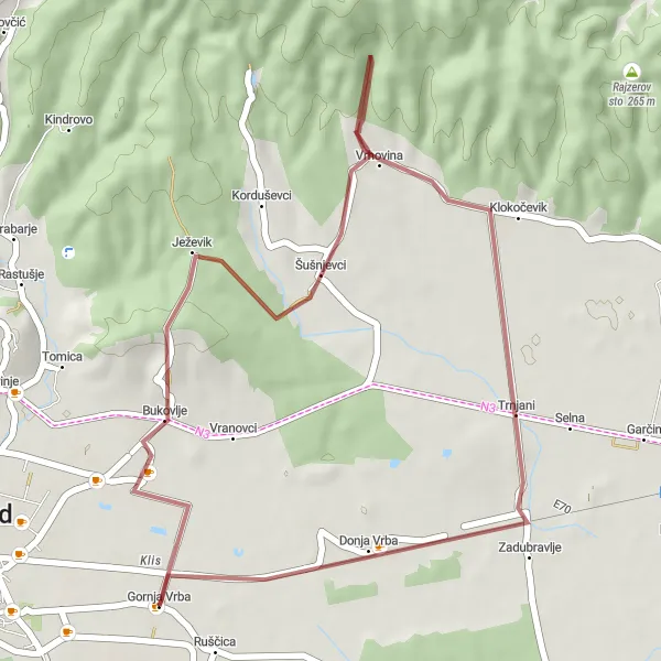 Map miniature of "Gravel Adventure through Bukovlje" cycling inspiration in Panonska Hrvatska, Croatia. Generated by Tarmacs.app cycling route planner