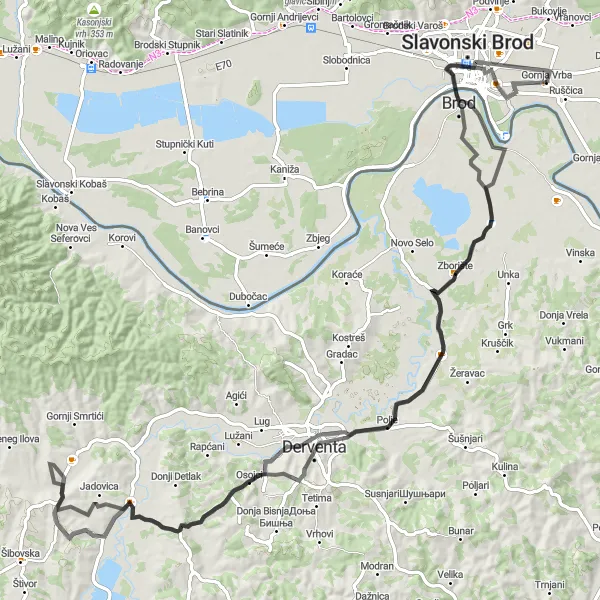 Map miniature of "Brod Adventure" cycling inspiration in Panonska Hrvatska, Croatia. Generated by Tarmacs.app cycling route planner