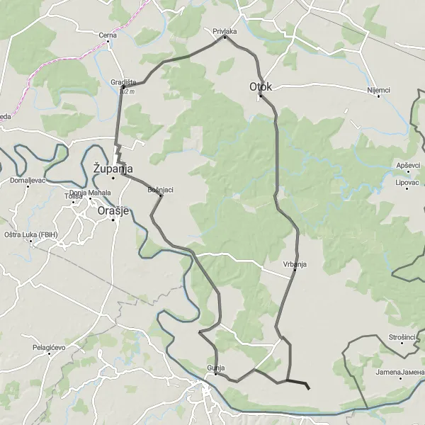 Map miniature of "Croatian Countryside Ride" cycling inspiration in Panonska Hrvatska, Croatia. Generated by Tarmacs.app cycling route planner