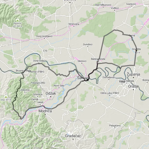 Map miniature of "Panonska Hrvatska Panorama" cycling inspiration in Panonska Hrvatska, Croatia. Generated by Tarmacs.app cycling route planner
