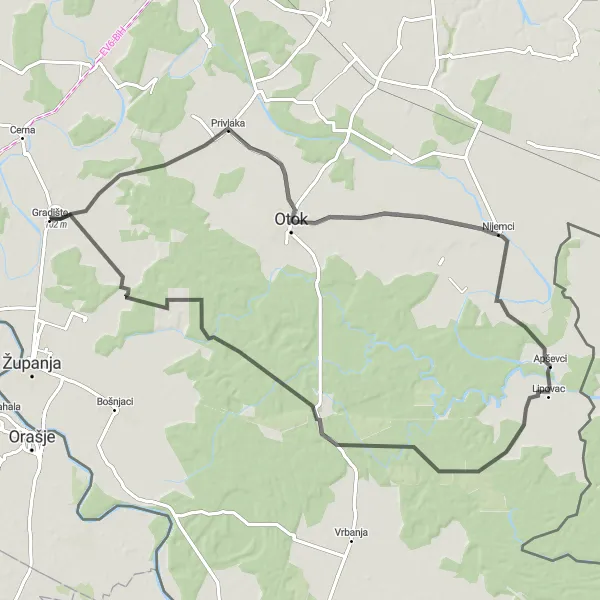 Map miniature of "Panoramic Route" cycling inspiration in Panonska Hrvatska, Croatia. Generated by Tarmacs.app cycling route planner
