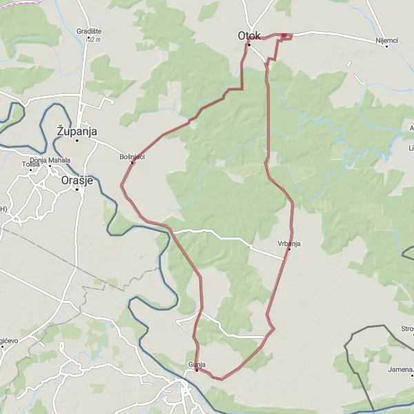 Map miniature of "Gunja - Bošnjaci - Otok - Vrbanja - Drenovci - Gunja" cycling inspiration in Panonska Hrvatska, Croatia. Generated by Tarmacs.app cycling route planner