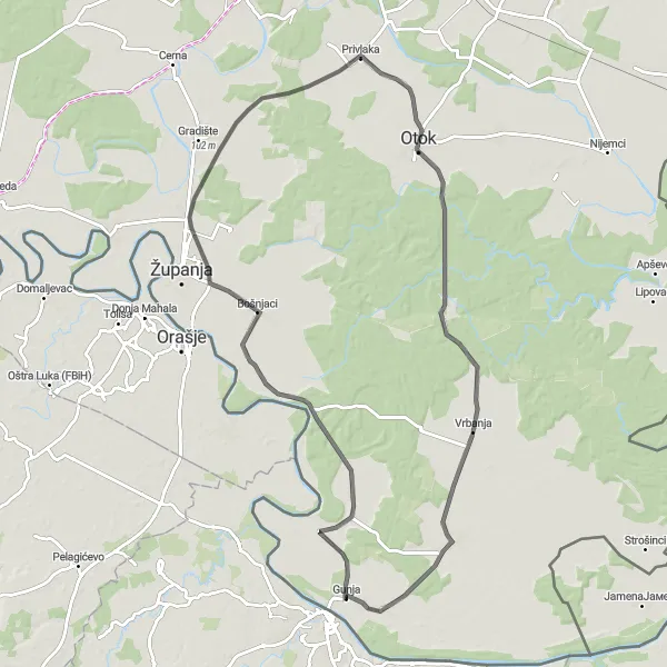 Map miniature of "The Gateway to Adventure" cycling inspiration in Panonska Hrvatska, Croatia. Generated by Tarmacs.app cycling route planner