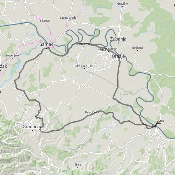 Map miniature of "Gunja - Grebnice (RS) - Krepšić - Brčko - Gunja" cycling inspiration in Panonska Hrvatska, Croatia. Generated by Tarmacs.app cycling route planner