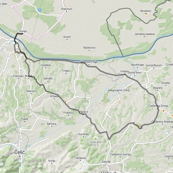 Map miniature of "Challenge Yourself on an Epic Gravel Ride near Gunja" cycling inspiration in Panonska Hrvatska, Croatia. Generated by Tarmacs.app cycling route planner