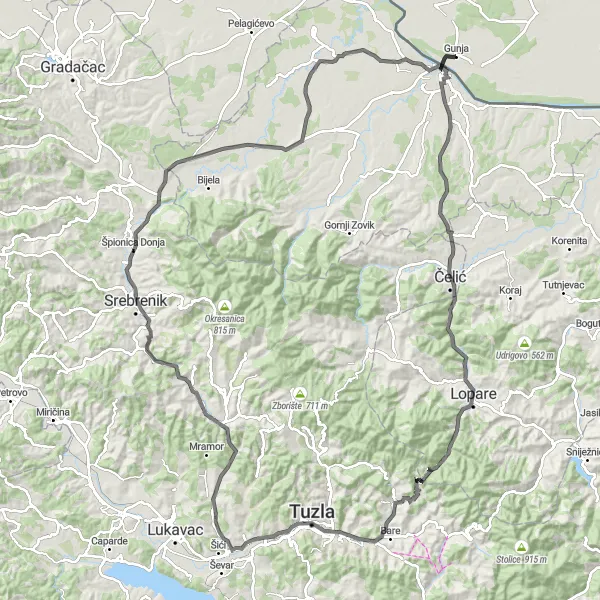 Map miniature of "The Panonian Expedition" cycling inspiration in Panonska Hrvatska, Croatia. Generated by Tarmacs.app cycling route planner