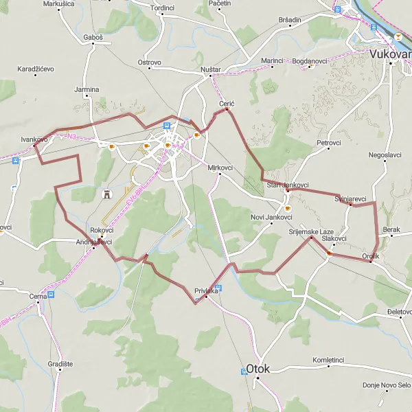 Map miniature of "The Orolik Adventure" cycling inspiration in Panonska Hrvatska, Croatia. Generated by Tarmacs.app cycling route planner