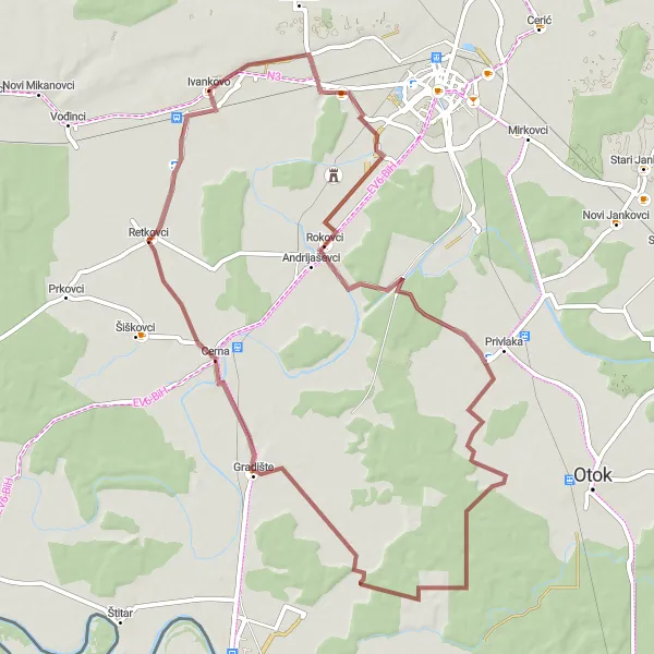 Map miniature of "The Rokovci Trail" cycling inspiration in Panonska Hrvatska, Croatia. Generated by Tarmacs.app cycling route planner