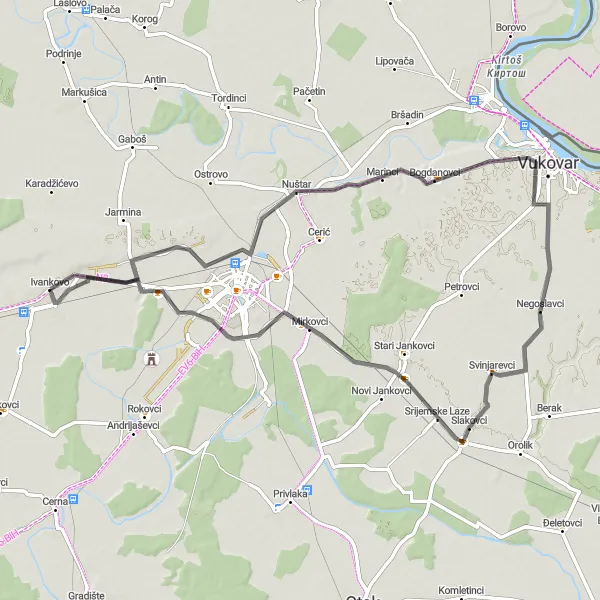 Map miniature of "The Mirkovci Road Journey" cycling inspiration in Panonska Hrvatska, Croatia. Generated by Tarmacs.app cycling route planner