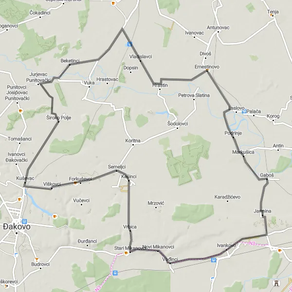 Map miniature of "Scenic Countryside Delight" cycling inspiration in Panonska Hrvatska, Croatia. Generated by Tarmacs.app cycling route planner