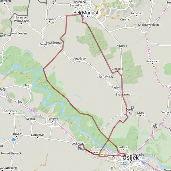 Map miniature of "Gravel Cycling Adventure around Josipovac" cycling inspiration in Panonska Hrvatska, Croatia. Generated by Tarmacs.app cycling route planner