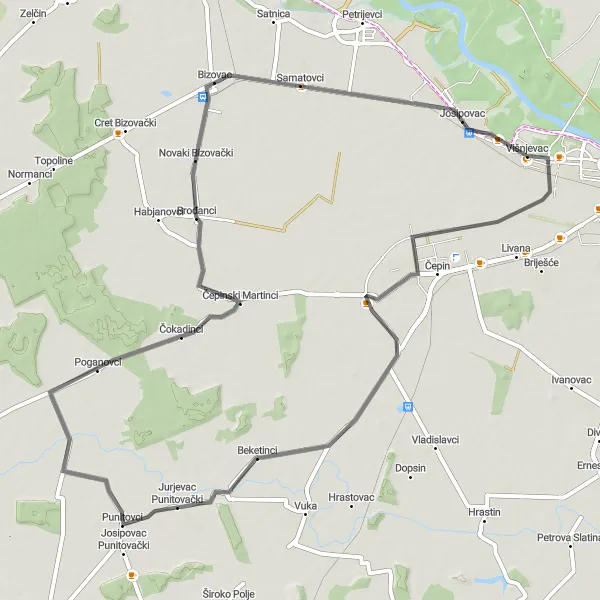 Map miniature of "Scenic Route" cycling inspiration in Panonska Hrvatska, Croatia. Generated by Tarmacs.app cycling route planner