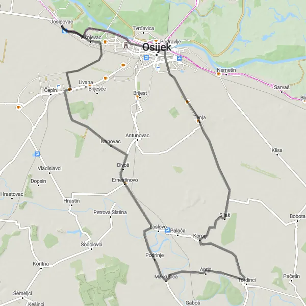 Map miniature of "Nature's Retreat" cycling inspiration in Panonska Hrvatska, Croatia. Generated by Tarmacs.app cycling route planner