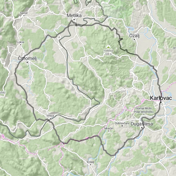 Map miniature of "Marino brdo and Gornje Pokupje Loop" cycling inspiration in Panonska Hrvatska, Croatia. Generated by Tarmacs.app cycling route planner