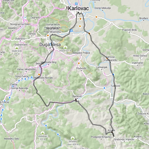 Map miniature of "Karlovac and the Mrežnica River" cycling inspiration in Panonska Hrvatska, Croatia. Generated by Tarmacs.app cycling route planner