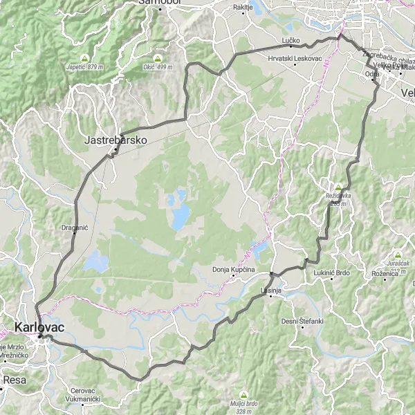 Map miniature of "Draganić and Gradec Pokupski Loop" cycling inspiration in Panonska Hrvatska, Croatia. Generated by Tarmacs.app cycling route planner