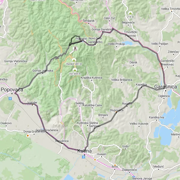 Map miniature of "Kutina to Repušnica" cycling inspiration in Panonska Hrvatska, Croatia. Generated by Tarmacs.app cycling route planner