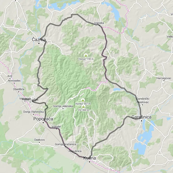 Map miniature of "Kutina to Pobjenik" cycling inspiration in Panonska Hrvatska, Croatia. Generated by Tarmacs.app cycling route planner