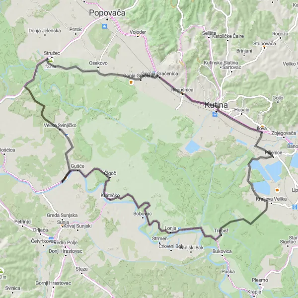Map miniature of "Kutina to Trebež" cycling inspiration in Panonska Hrvatska, Croatia. Generated by Tarmacs.app cycling route planner